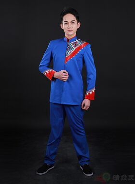 晴焱定制立领民族风正装蓝色修身套装休闲民族西服男士中国风服