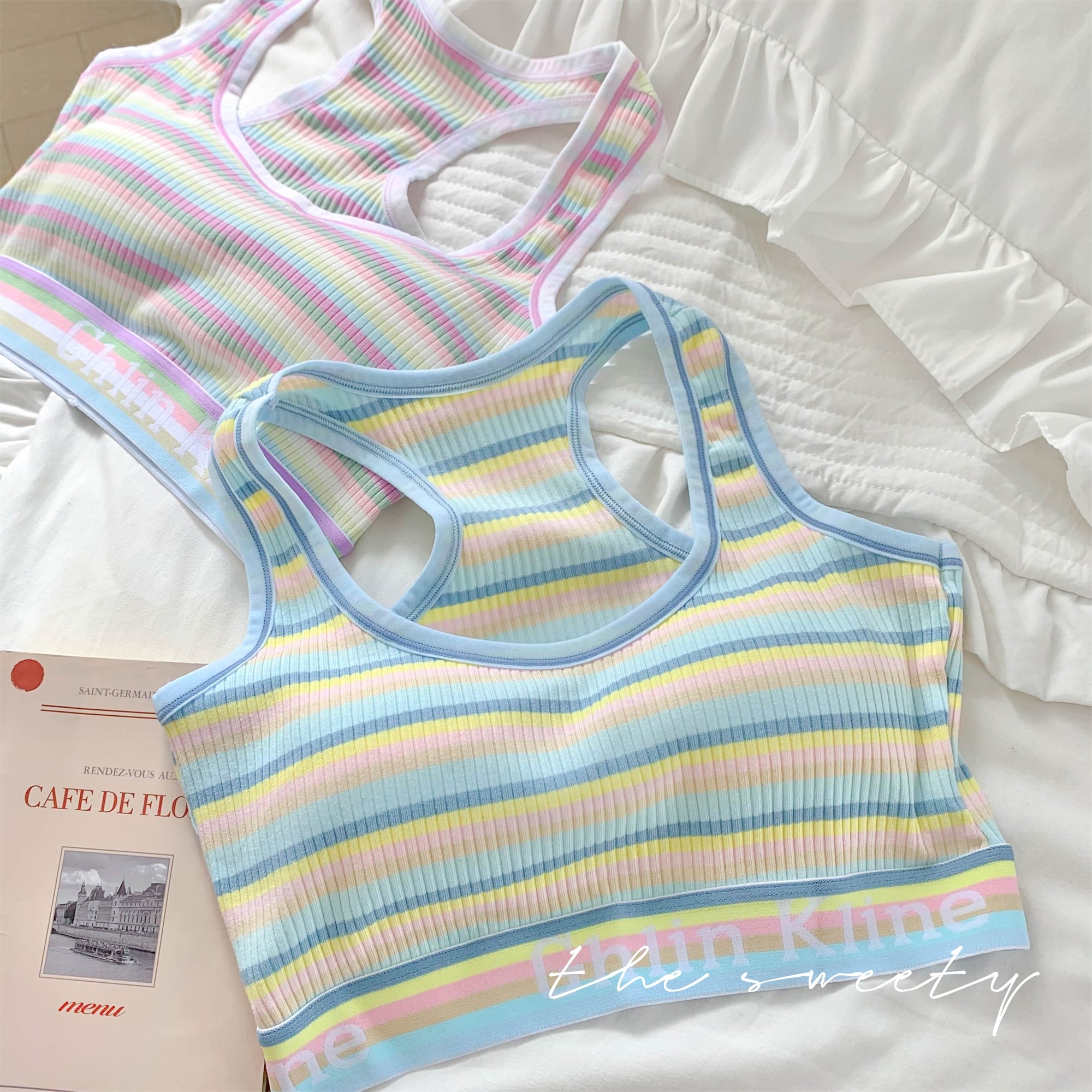 霓虹辣妹~彩虹条纹运动内衣背心女带胸垫一体文胸大胸显小胸聚拢,女士内衣/男士内衣/家居服,文胸,淘宝优惠券,粉丝福利购,淘宝优惠卷