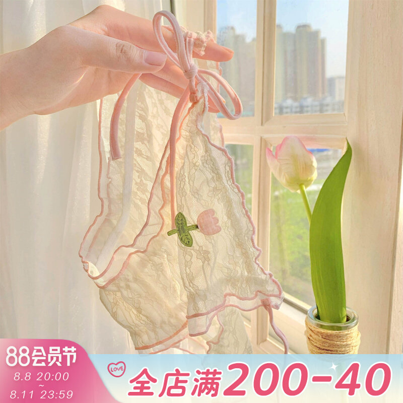 粉郁花仙~甜美纯欲风女生高开叉系带蕾丝内裤女性感新款纯棉女士