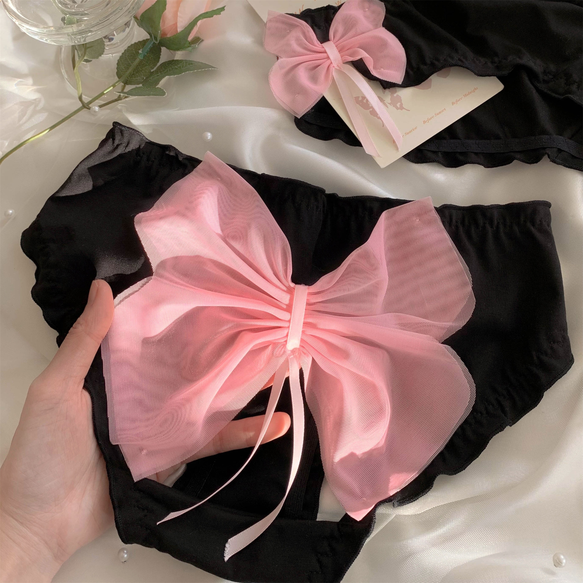 墨粉甜精~女士黑色蕾丝性感2024新款女生纯棉纯欲粉色镂空内裤女