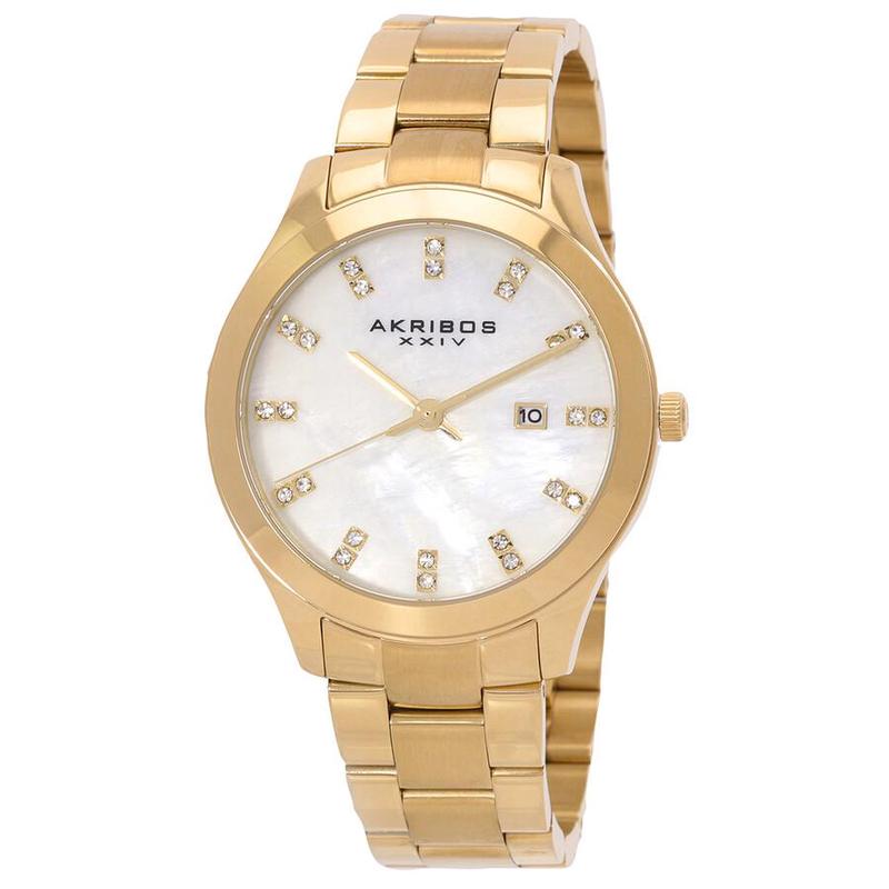 代购Akribos XXIV女士腕表日期夜光计时走时金属钢带防水镀金