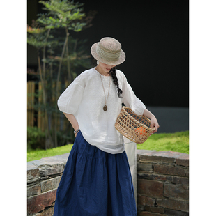 麻霖60支超薄细腻汉麻亚麻朴素微皱清新减龄经典刺绣工艺上衣小衫