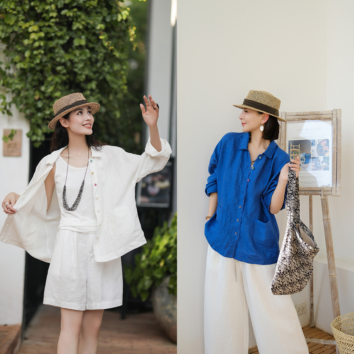 麻霖100%亚麻色织布慵懒文艺衬衫