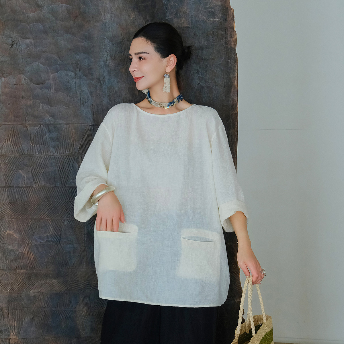 麻霖柞蚕丝亚麻肌理感文艺上衣