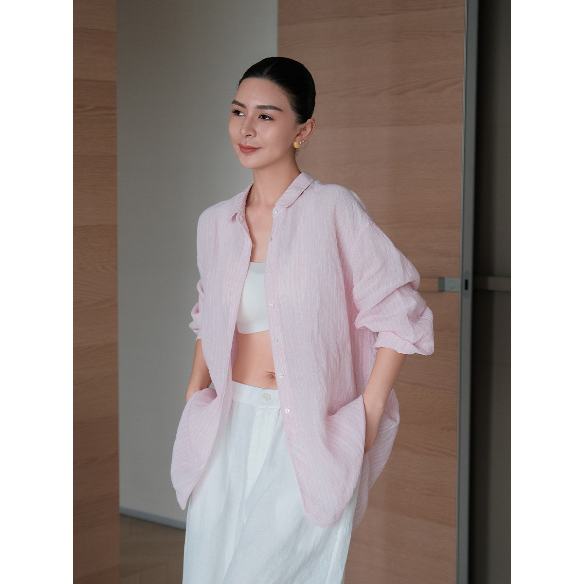 麻霖麻霖春夏新品21支汉麻亚麻混纺竖条纹小翻领休闲衬衫【赏樱】