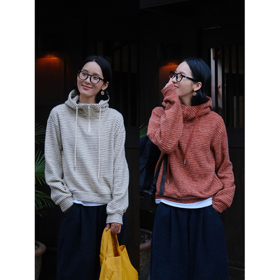 可机洗细条纹半拉链套连帽卫衣