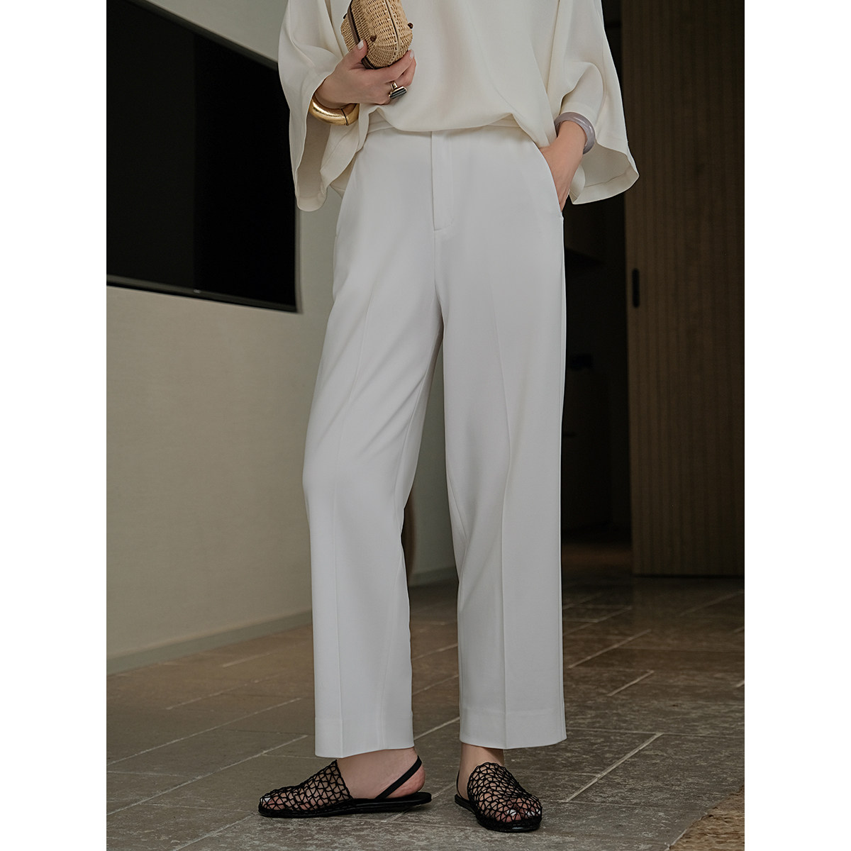 麻霖原创设计夏季新品三醋酸直筒显瘦休闲九分小脚裤