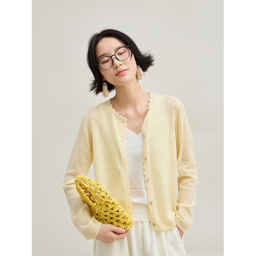 麻霖绵羊毛混纺手工勾花针织开衫