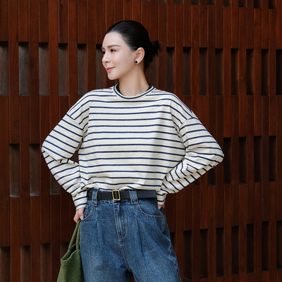 长绒棉木棉混纺条纹复古显瘦T恤