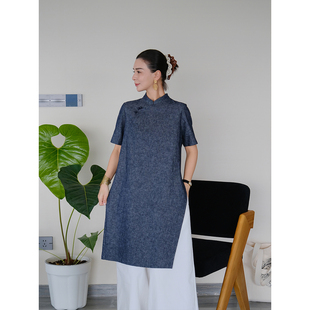 麻霖亚麻棉色织牛仔手工葡萄扣减龄显瘦改良新中式开叉中长款上衣