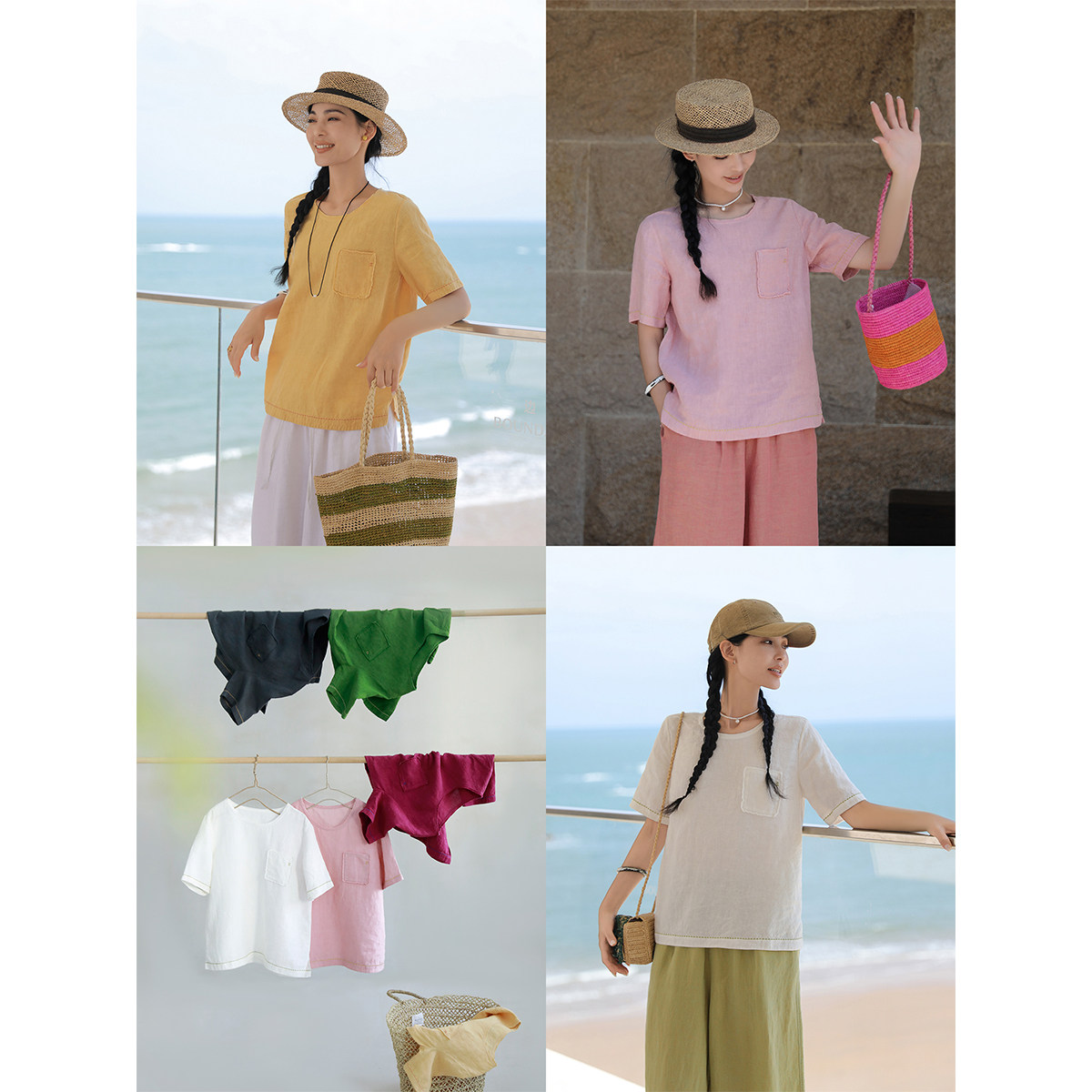 亚麻撞色绣线圆领短袖T恤