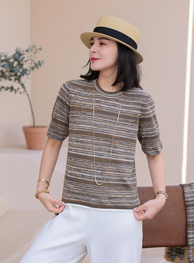 麻霖文艺2026强捻棉三色混织复古花咖色横条纹圆领休闲T恤春