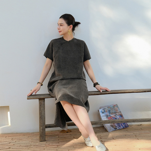 麻霖原创设计桑蚕丝龟裂纹草木染新中式显瘦文艺连衣裙袍子