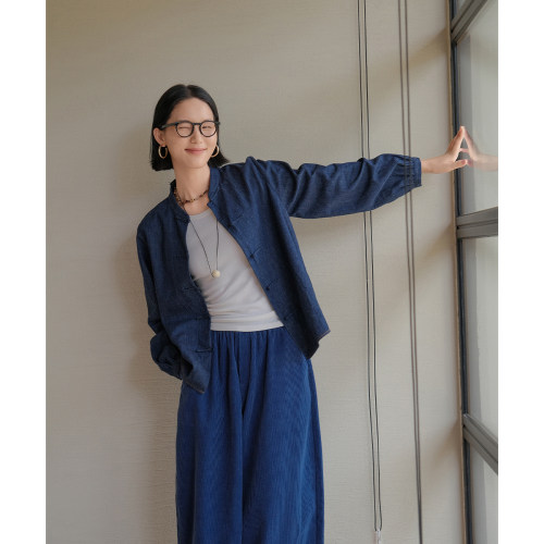 麻霖亚麻棉混纺小立领牛仔衬衫