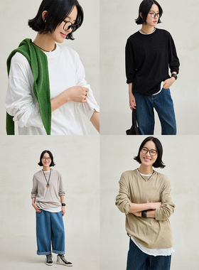 麻霖原创设计女装秋新品精梳棉强捻工艺文艺休闲长袖打底衫T恤