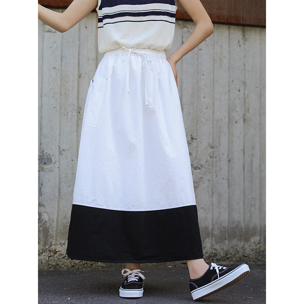 麻霖2025原创设计夏季新品高密色织匹马棉拼接撞色法式小A裙半裙