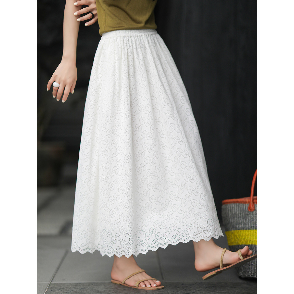 麻霖清新植物叶片镂空提花定位蕾丝花边松紧腰双层防透度假风半裙,女装/女士精品,半身裙,淘宝优惠券,粉丝福利购,淘宝优惠卷