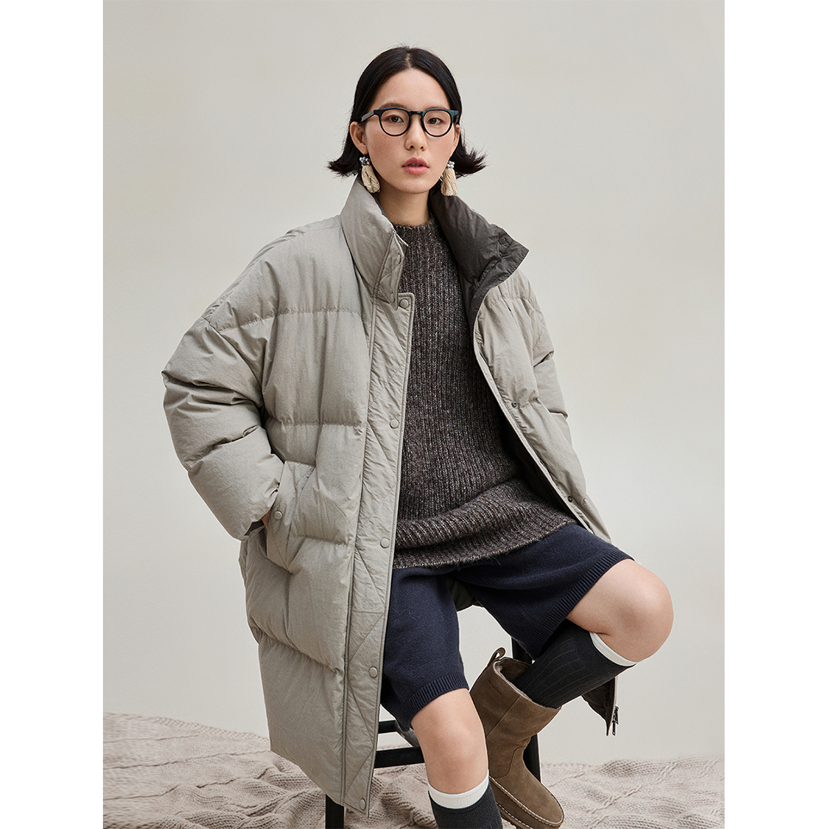 麻霖桑蚕丝棉90白鹅绒羽绒服外套