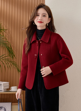 红色喜婆婆婚宴礼服双面羊绒大衣短款妈妈装高级感小个子毛呢外套