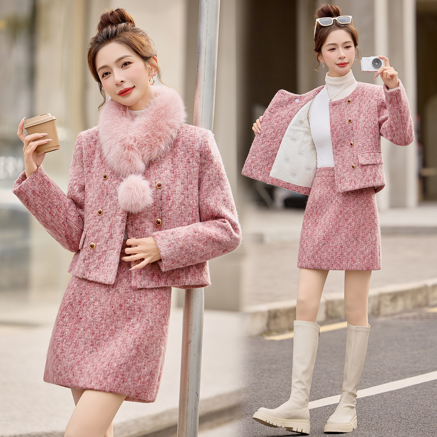 毛呢套装女装小个子冬装气质妈妈高级感外套白鸭羽绒两件套半身裙