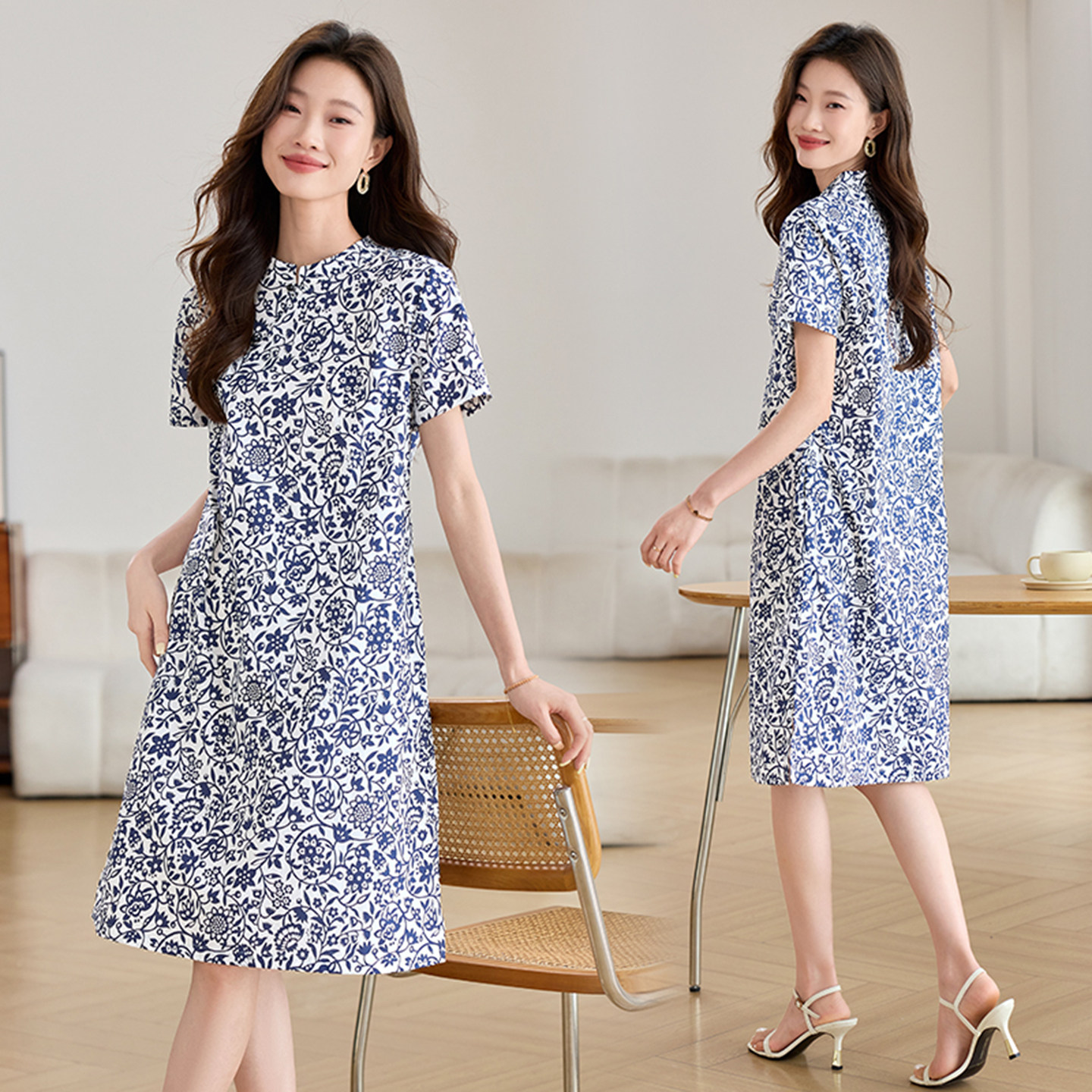 新中式改良旗袍连衣裙短袖高级感小个子纯棉妈妈蓝色碎花裙子女夏