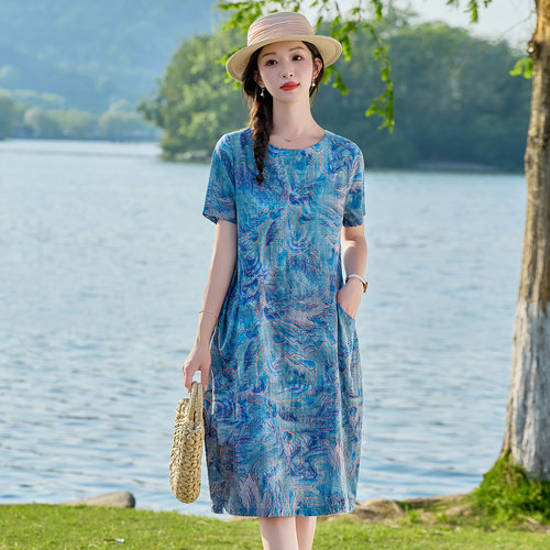 棉麻直筒连衣裙女夏高级感小个子