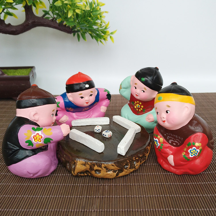 泥人张《打麻将》天津地方特色手工艺品礼品摆件正品彩塑泥人