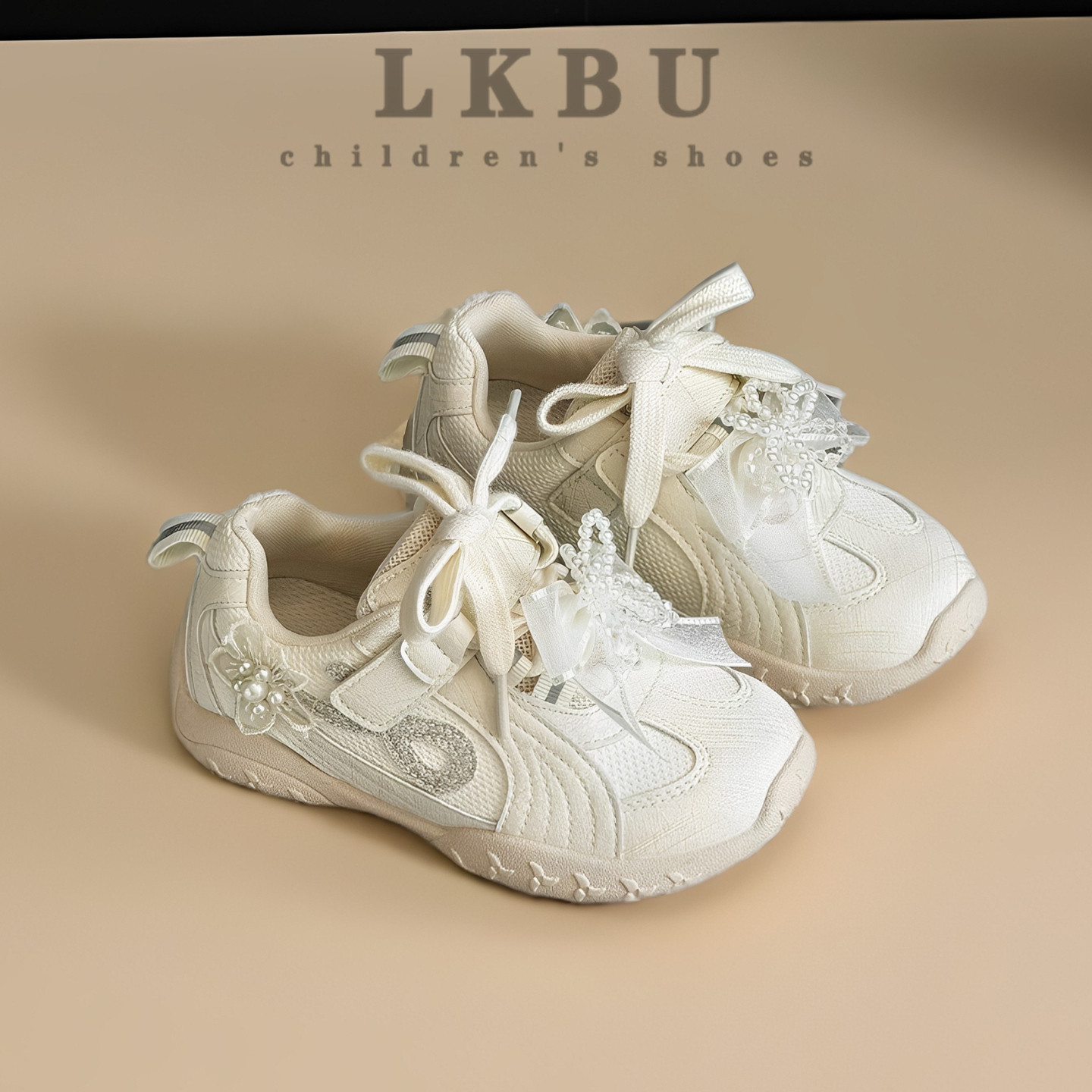 Lkbu Trendy Brand Girls' Sports Shoes, Autumn Casual Shoes for Little Girls, Korean Style Sweet Pearl Bow Princess Shoes