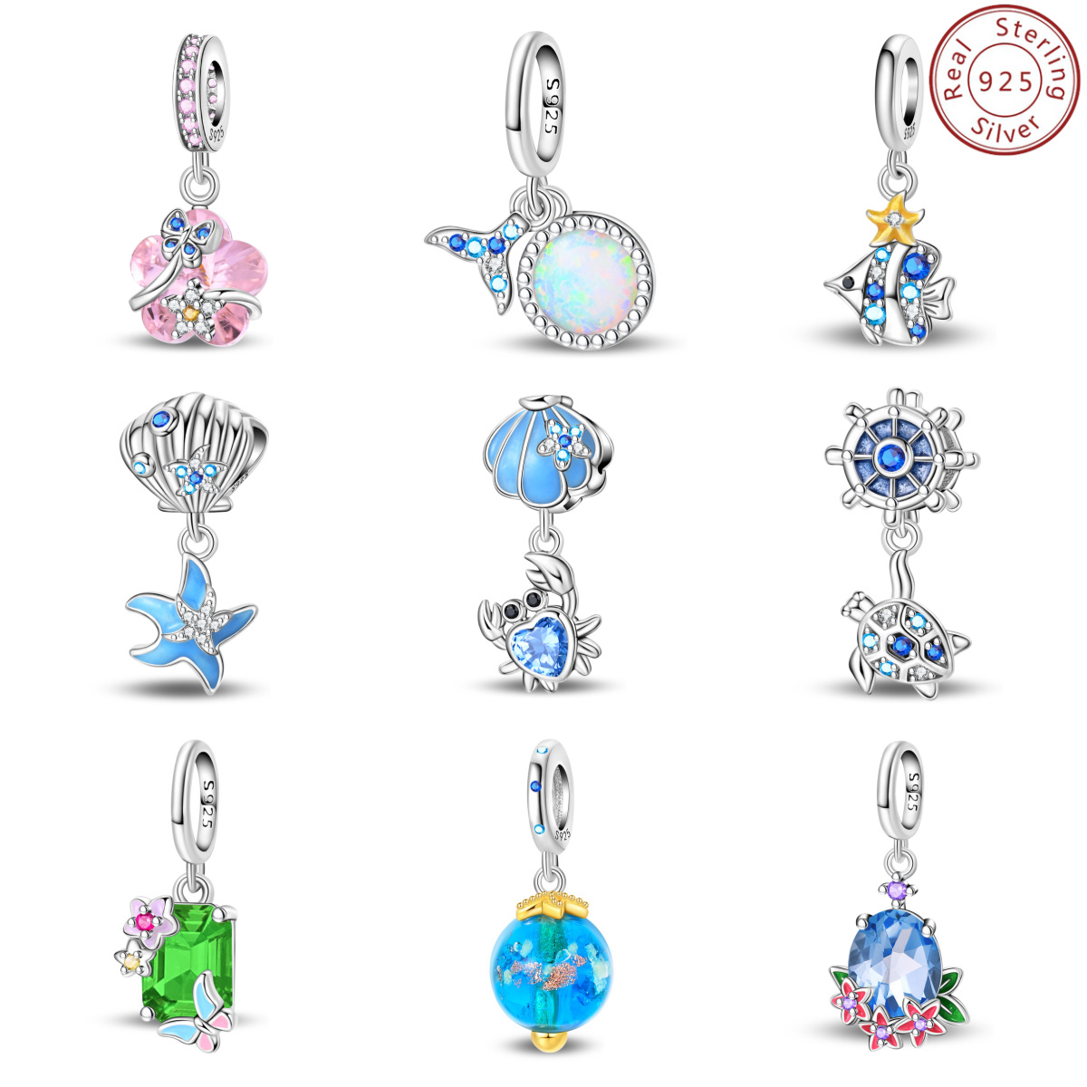 925纯银魅力海洋海星螃蟹海龟水晶花珠子吊饰DIY手链项链饰品配件
