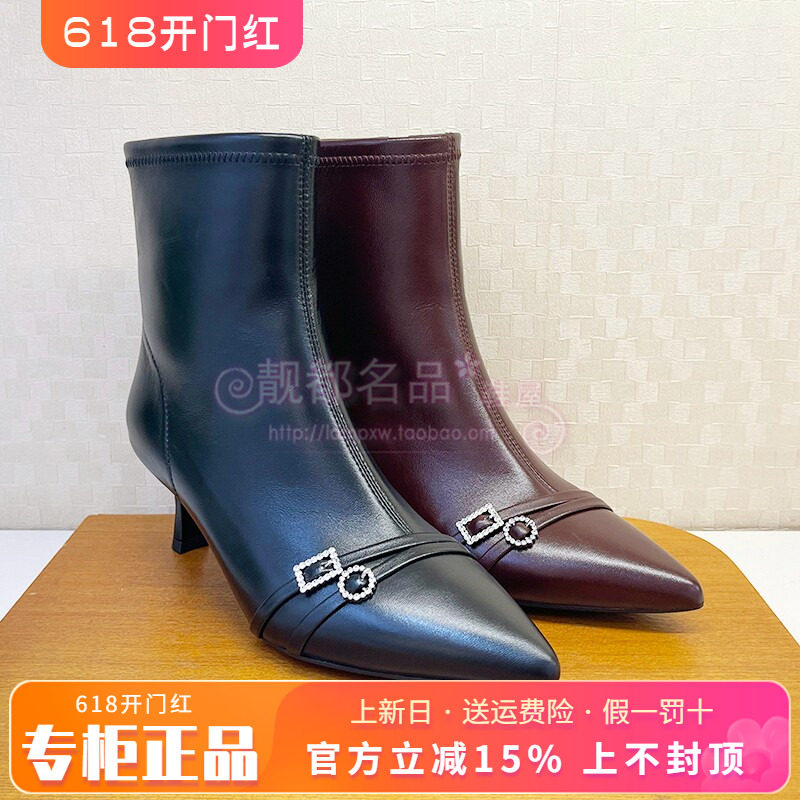 正品蹀愫ts女鞋2025秋季新款羊皮中跟细跟尖头短靴TA65715-51