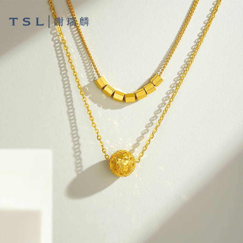 TSL谢瑞麟黄金项链蹦迪珠5G足金小方块双层链锁骨链计价新品XQ490