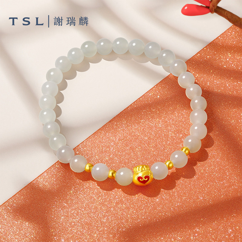 TSL谢瑞麟钱袋财富黄金转运珠足金路路通和田玉手串XP038