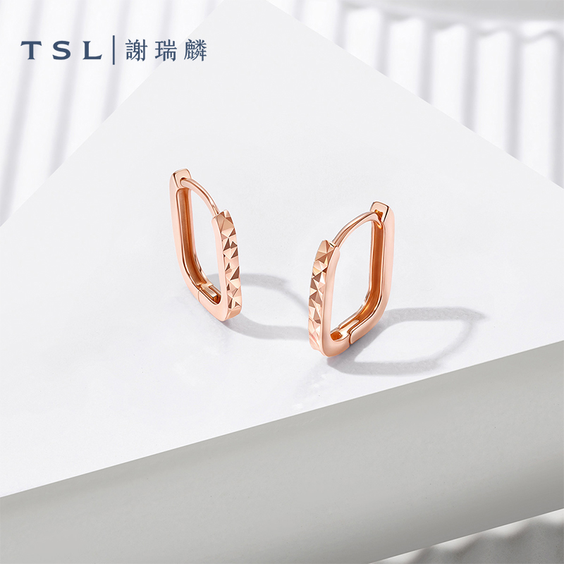 TSL谢瑞麟18K金耳饰素金耳圈玫瑰金线条耳饰女士新品BF437