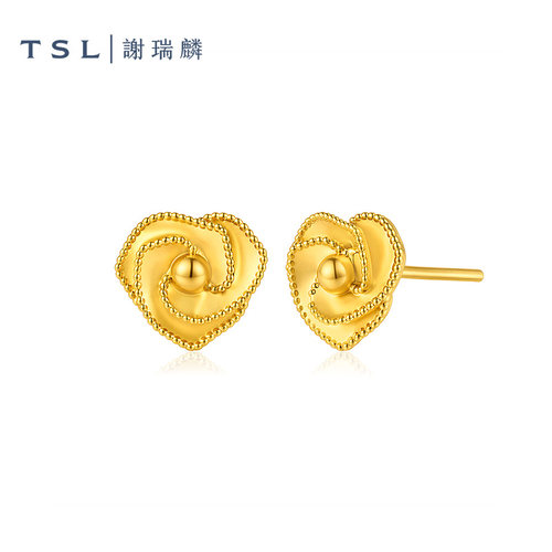 TSL谢瑞麟黄金耳钉5D硬金工艺足金玫瑰花耳环计价黄金女XR366