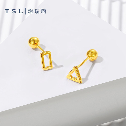 TSL谢瑞麟18K金耳钉几何图形耳环K黄素金耳饰新品女士BF435
