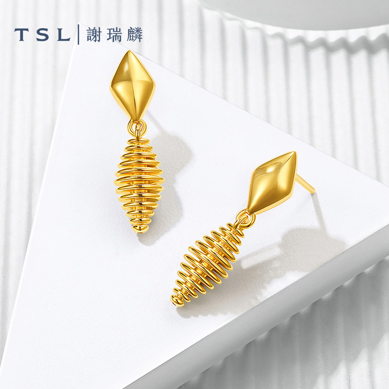 TSL谢瑞麟黄金耳钉5D硬金工艺几何足金耳饰耳饰女士新品XR275