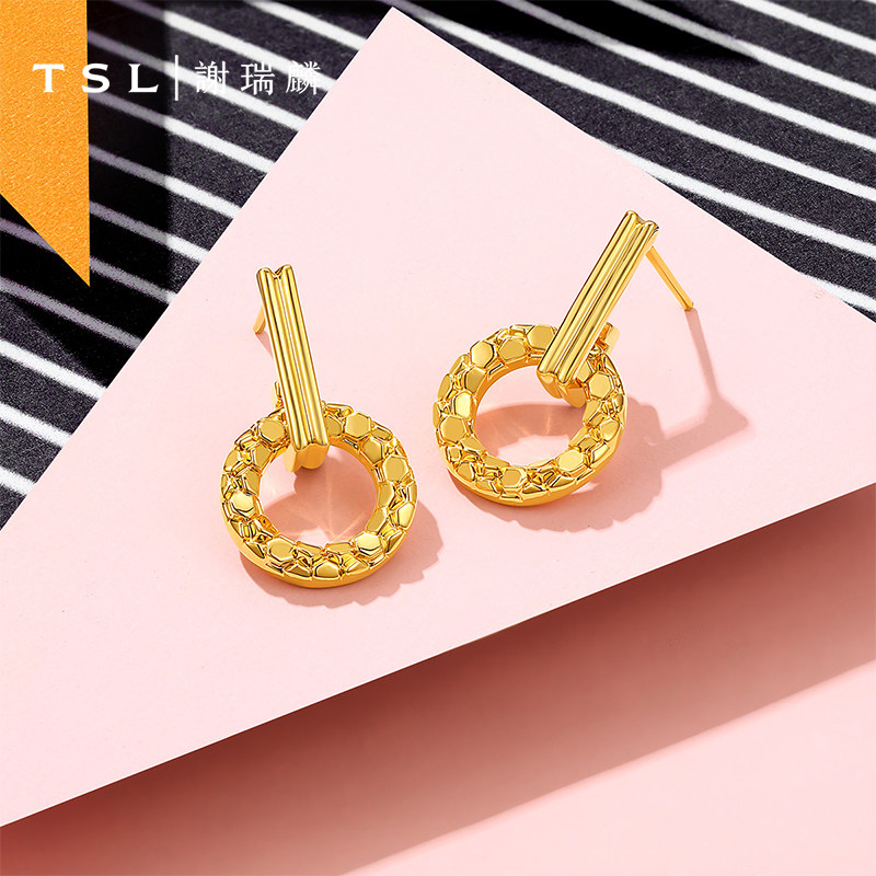 TSL谢瑞麟个性爆闪环扣系列黄金圆环耳环5D硬金足金耳饰XR265