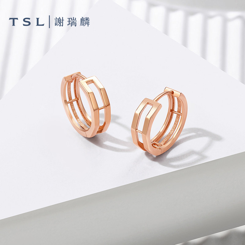 TSL谢瑞麟18K金耳饰素金耳圈几何线条玫瑰金耳饰女士新品BF438