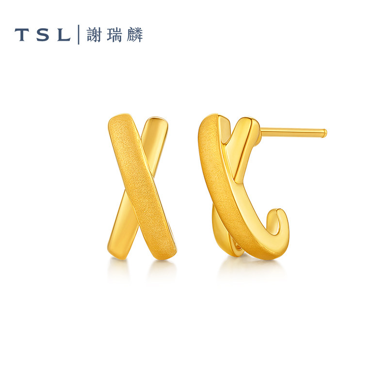TSL谢瑞麟黄金耳钉X型字母造型5D硬金足金耳饰女士新品XR392