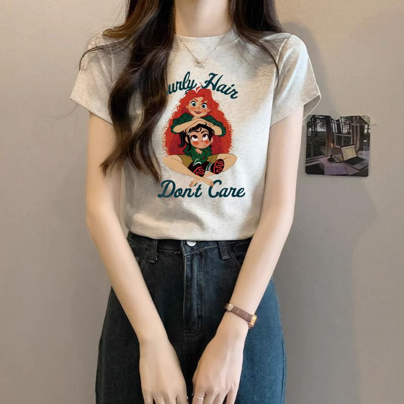 设计感美式甜辣妹修身短袖T恤女夏季ins别致独特卡通印花圆领上衣