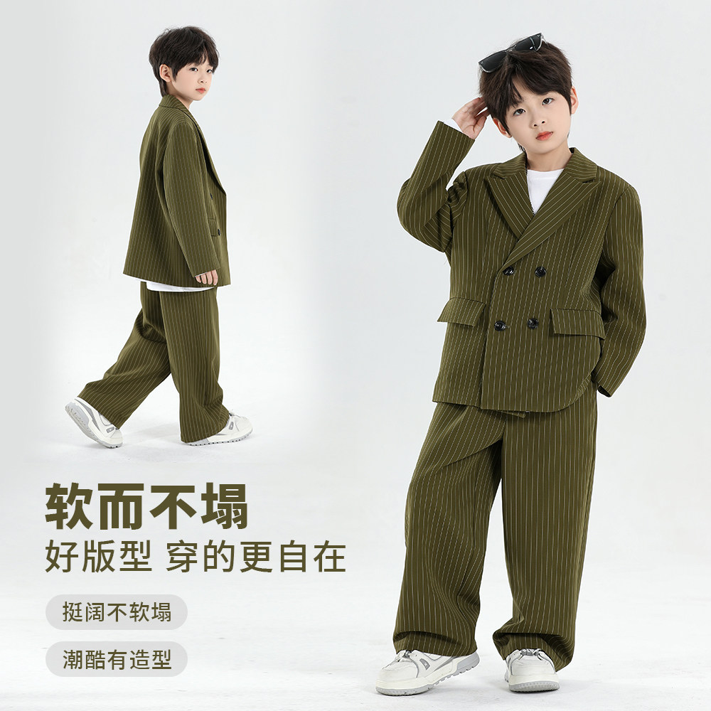 法国Anseola竖条纹西服套装秋冬新款双排扣中大童男高端帅气套装