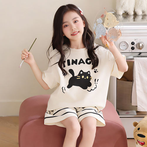 法国Anseola2026新款儿童睡衣女童夏季纯棉短袖薄款可爱女孩中大