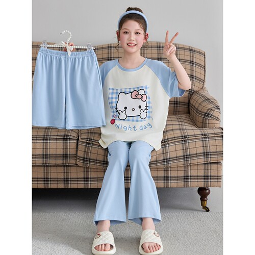 法国Anseola女童夏季睡衣纯棉短袖三件套薄款中大童卡通儿童宝宝