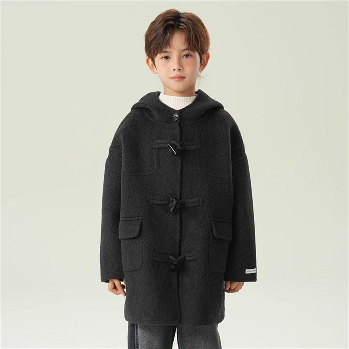 法国Anseola男童双面羊毛大衣秋冬款儿童牛角扣中长款格雷系外套