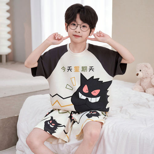 法国Anseola男童睡衣儿童夏季2026新款纯棉短袖薄款男孩大童青少