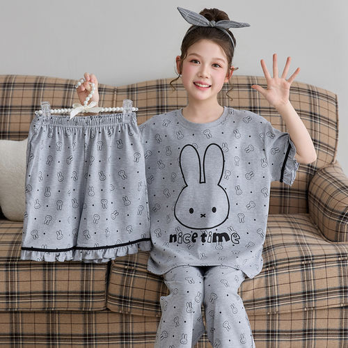 法国Anseola儿童纯棉睡衣夏季新款卡通兔子短袖女孩宽松可爱甜美