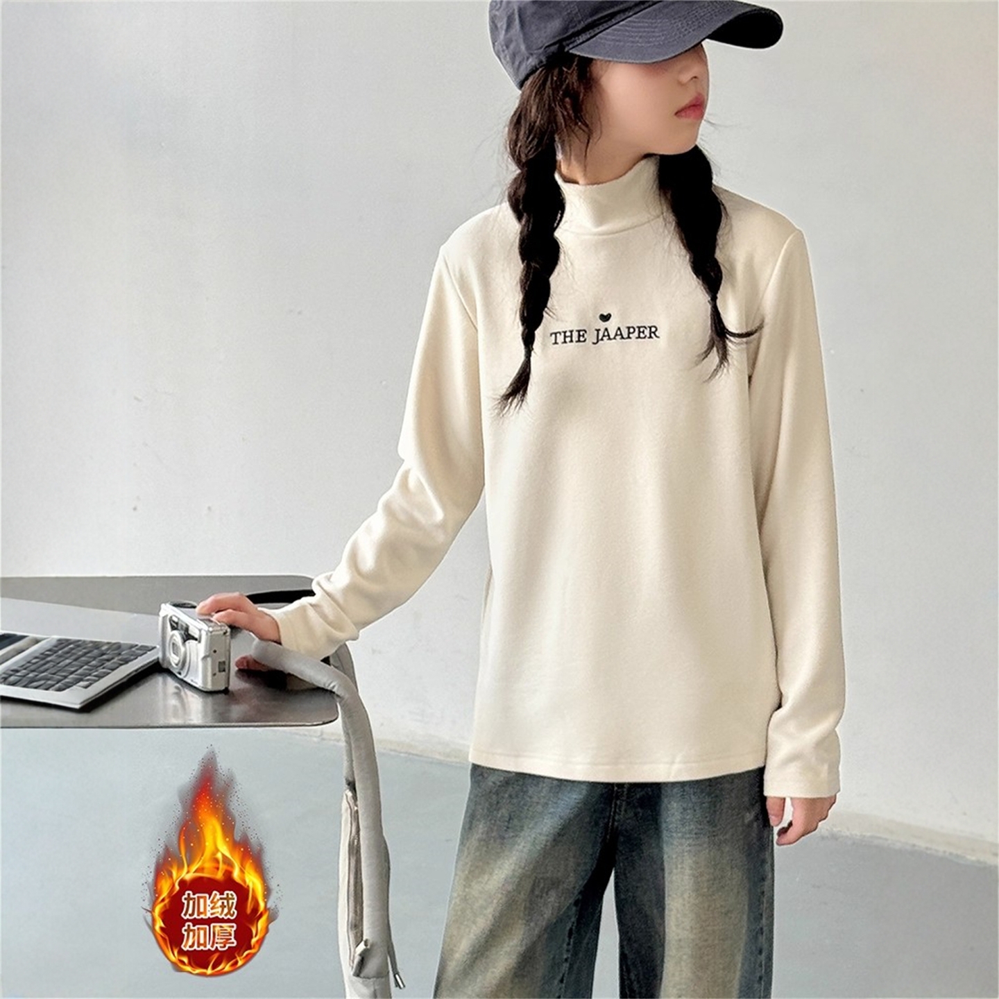 法国Anseola德绒打底衫女童高领内搭加绒冬装大童女孩加厚上衣