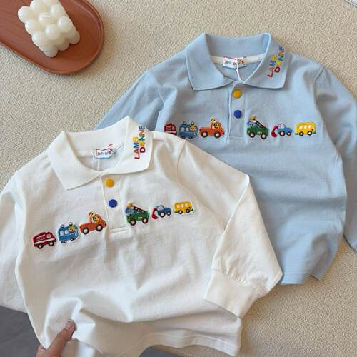 法国Anseola儿童Polo长袖t恤春秋款男童汽车刺绣上衣宝宝打底衫
