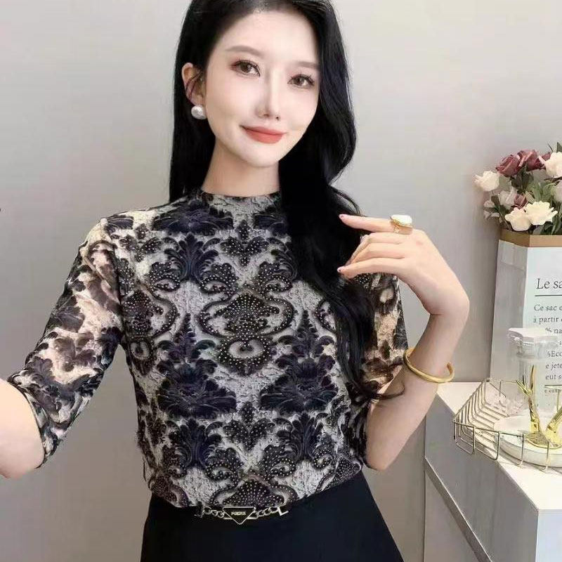时尚百搭长袖T恤女士秋季新款烫钻洋气网纱弹力拼色内搭打底小衫