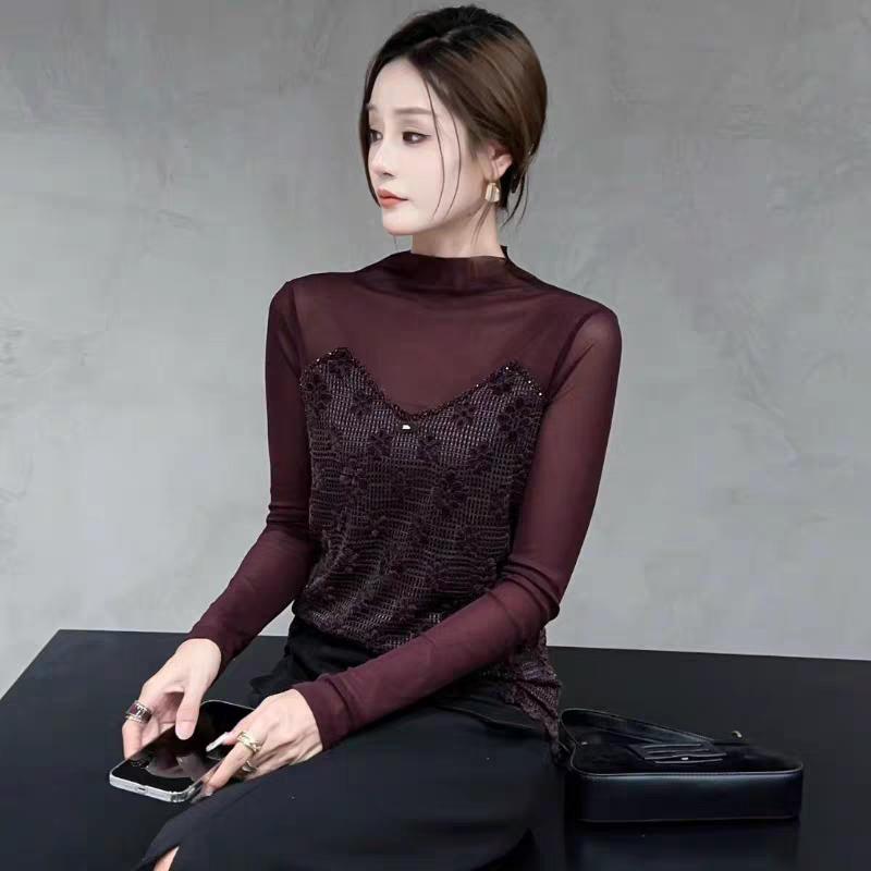 蕾丝拼接打底上衣女士秋冬季半高领欧货复古网纱镂空时尚黑色小衫